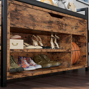 <span class=keywords><strong>Banc</strong></span> de rangement industriel pour entrée avec coffre escamotable et étagère <span class=keywords><strong>à</strong></span> <span class=keywords><strong>chaussures</strong></span> <span class=keywords><strong>à</strong></span> 2 niveaux, organisateur de <span class=keywords><strong>chaussures</strong></span> vintage marron avec structure métallique - Product Image 3