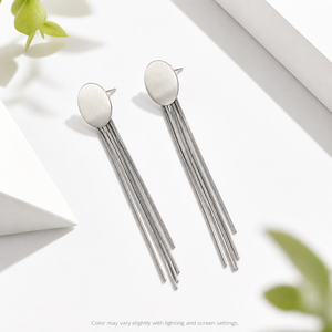 Boucles d'oreilles pendantes à longues chaînes et pompons en acier inoxydable, ton acier, avec clous ovales et fines chaînes en cascade, 92 x 11 mm - Product Image 1
