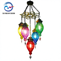 Lustre LED 5 lumières multicolore en fer et verre, style vintage turc marocain, suspension réglable pour plafond, idéal maison et café