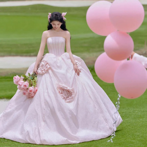 Pink Strapless Ball Gown Wedding Dress Tulle Natural Waistline For Studio Photography - Product Image 2