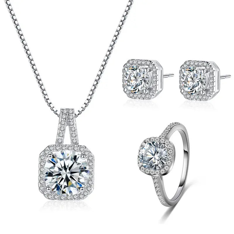 Exquisite Design Square Diamond Pendant Necklace Earrings Set Clear Cubic Zirconia Necklace Rings Jewelry Set For Bridal Wedding