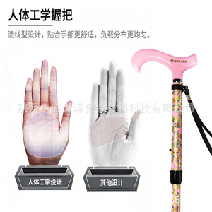 Canne de marche pliante télescopique à 5 sections, rose imprimée, portable pour les personnes âgées, randonnée, utilisation en extérieur - Product Image 3
