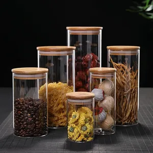 Bocaux de stockage d'aliments en verre Récipients alimentaires avec couvercles hermétiques en bois de bambou pour pâtes biscuits noix grains de café céréales verre Canist