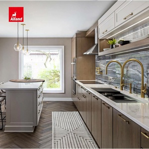 Alland Free Design Moderni Mobili da <span class=keywords><strong>Cucina</strong></span> in Laminato Rovere, Isola in Quarzo Taj Mahal, Armadietto a Muro Bianco Stile Shaker con Maniglie in Ottone - Product Image 3