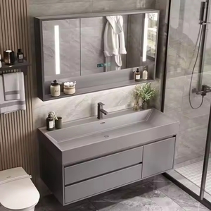 Mobile Bagno Moderno Resistente all'Acqua Sospeso in Compensato con Lavabo in Ceramica, Specchiera e Design Rettangolare - Product Image 3