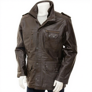 <b>Mens</b> Real Dark <b>Brown</b> <b>Leather</b> Field <b>Jacket</b> Stand Collar Cowhide Coat Shoulder Epaulets Cargo Pockets Custom Classic Warm Outwear - Product Image 1