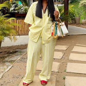 Women's New Arrival Striped Short-Sleeve Oversized Top & High-Waisted <b>Pants</b> African Casual 2-Piece Set Fashion - Product Image 4