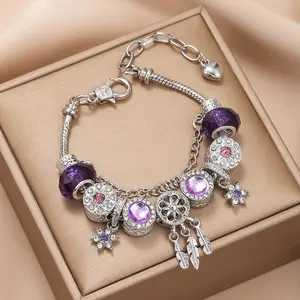 Fine Dream Catcher Charm Bracelet Pour Femmes DIY Violet Cristal Perles Cristal Pendentif Argent Plaqué Serpent Os Chaîne Bracelet