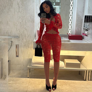 Nuovo Set di leggings in due pezzi in <span class=keywords><strong>pizzo</strong></span> elasticizzato autunnale con Top corto a manica lunga e <span class=keywords><strong>pantaloni</strong></span> Capri Fitness Slim - Product Image 4