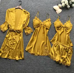 사용자 정의 뜨거운 새로운 소매 제품 4 조각 세트 여성 여름 잠옷 신부 가운 실크 목욕 가운