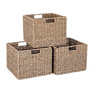 Seagrass Woven <b>Storage</b> Baskets Rectangle Handmade Rustic Style for Living Room Neatening Organizer <b>Bin</b> with Handles <b>3</b> Pack - Product Image 1