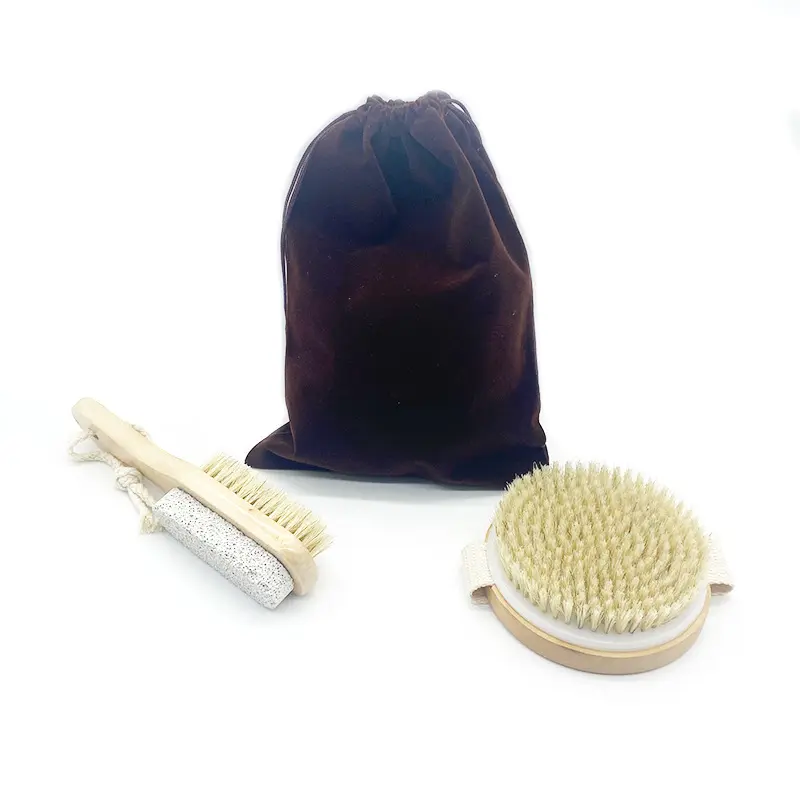 Cepillo de ducha de pie con piedra pómada para masaje, exfoliante, conjunto de cepillo de cuerpo seco redondo de madera con cerdas de jabalí, venta al por mayor