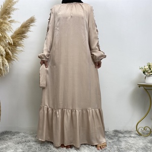 6582# Elegant Satin Crew Neck a Line Dress Long Sleeve Elasticated Cuff Back Split Button Neck Summer Women Dresses 9 Colors - Product Image 3