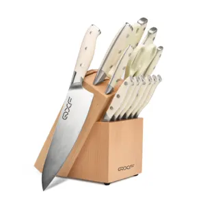 סט סכיני מטבח מקצועי 15 יחידות נירוסטה סט סכיני שף גבוה פחמן עם בלוק סכין עץ