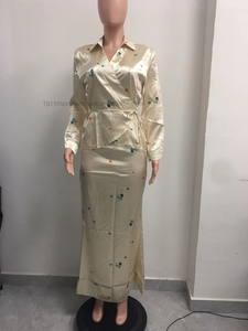 New Women's Wear: Elegant Satin Long-Sleeve <b>Tie</b>-Front Top With Skirt - Casual 2-Piece <b>Set</b> Fashion - Product Image 4