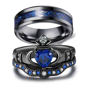 Paar Ring Braut Set Seine Ihre Schwarze Claddagh Herzform Strass Stapelung Irische Edelstahl Hochzeit