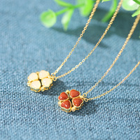 Collier en jade de style chinois, trèfle, plaqué or 18 carats, argent S925, collier avec pendentif en pierre rouge, pierre naturelle