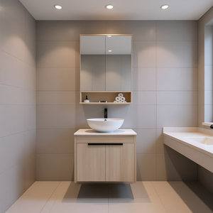 Meuble-lavabo mural en chêne blanc de 24 pouces au design moderne avec porte à fermeture douce, vasque en céramique et miroir inclus - Product Image 2