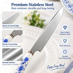 Juego de cubiertos de acero inoxidable de 4 piezas con mango de cerámica azul y blanco, cuchillo, tenedor, cuchara, cucharilla, juego de cubiertos - Product Image 4