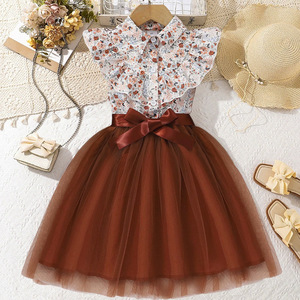 Vestito da bambina 2-12 anni a maniche lunghe con fiocco sul collo, in poliestere floreale a rete, con cintura intrecciata, design da principessa, novità primavera - Product Image 3