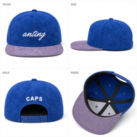 Casquette de baseball personnalisée en daim à visière plate, 6 panneaux, snapback brodé, bicolore bleu, réglable, pour le sport, vente en gros, OEM, faible MOQ
