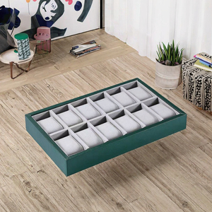 <b>Green</b> Leather Material Modern Square Watch Display Tray Organizer Fashion Jewelry Container with <b>Velvet</b> Lining - Product Image 2