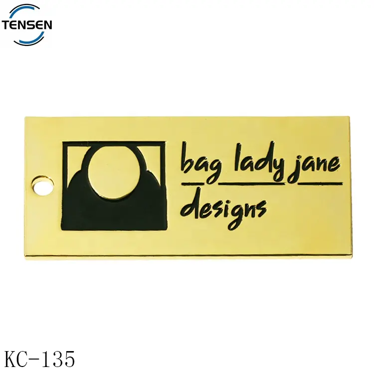 Gold plated handbag charms accessories custom rectangle logo enamel metal hang tags for women purse