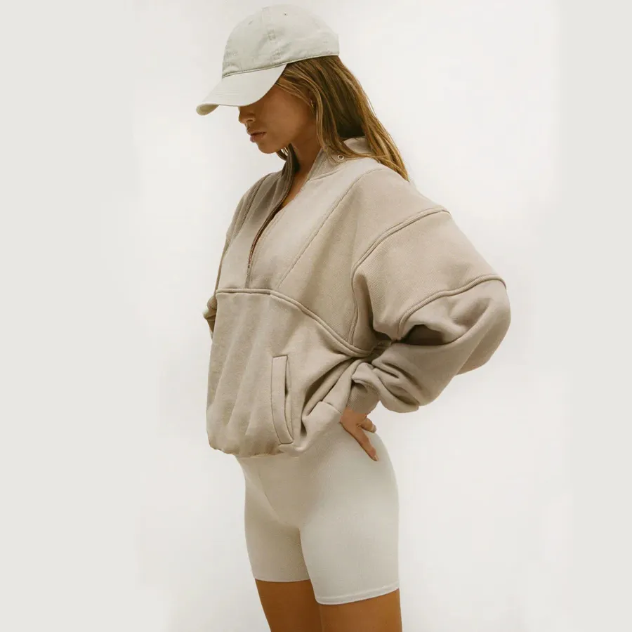 Casual Solid felpa con cappuccio autunno autunno donna Retro Half Zip Pullover Pocket Crop Vintage 1/4 Zipper Up Sweatsuit per le donne