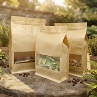 Sachets à fond plat en papier kraft brun à faible MOQ avec fenêtre, fermeture éclair, sacs en plastique à soufflet pour emballage alimentaire de collations et sachets refermables
