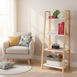 4 Tier Ladder Shelf <strong>Storage</strong> <strong>Unit</strong> with White Shelves <strong>for</strong> Bathroom <strong>Kitchen</strong> Living Room Bamboo - Product Image 1
