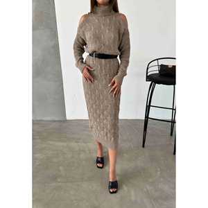 Robe pull en maille ceinturée pour femme, col roulé, épaules dénudées, beige, taille S - Product Image 1