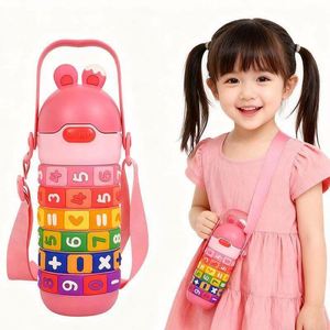 Nouvelle gourde isotherme en acier inoxydable de 430 ml pour enfants, motif lapin mignon, avec paille et sangle, idéale pour l'école et les jeux mathématiques. - Product Image 1