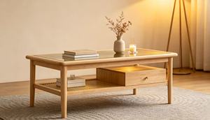 Modern <b>Solid</b> <b>Wood</b> Coffee <b>Table</b> with Tempered Glass <b>Top</b> Storage Shelf Scandinavian Living Room Furniture - Product Image 4