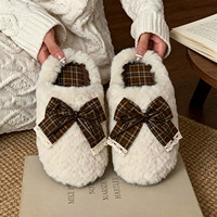 XIXITIAO Chaussons d'intérieur doux et chauds pour femme, style vintage à carreaux avec nœud, en fourrure, antidérapants en TPR