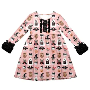 Vestido de manga larga con volantes para niño, ropa de diseño con cuello redondo para bebé recién nacido, vestidos con estampado digital de Halloween para niña