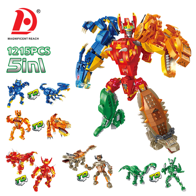 5-in-1 Combine Dinosaur Mecha Building Blocks 1215PCS 2 Transform Mode Dino Robot Bricks Educational STEM Assembly Toy for Kids