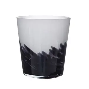 Hot Sale Wide Mouth Opal White Shiny Black Pattern Glass Candle Vessel Empty Cylinder Glass Candle Jar for Table Centerpiece