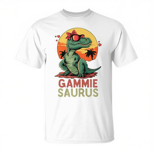 T-shirt Gammiesaurus Dino avec motif coucher de soleil tropical, unisexe, col rond, manches courtes, impression numérique - Product Image 2