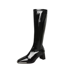 Women's Patent <b>Leather</b> <b>Thigh</b> <b>High</b> <b>Boots</b> with Chunky Heel and Pointed Toe Solid Color Knee <b>high</b> <b>Boots</b> for Winter Side Zipper - Product Image 3