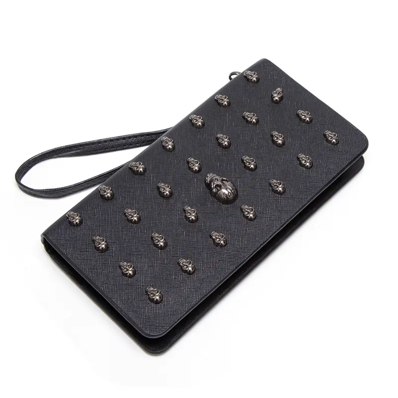 OEM Custom Logo color Black Skull Studded Purses PU Leather Card Holder Wallet Zip Long Goth Wallet Purse