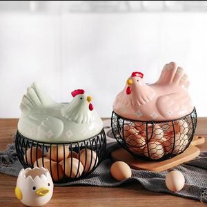 Panier à œufs en fil métallique en forme de poulet en céramique, panier à œufs en métal pour la décoration de la cuisine à Pâques - Product Image 2