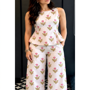 Conjunto Formal de Top Peplum y Pantalones Largos con Estampado de Tulipanes, Acolchado de Algodón, Transpirable, de Secado Rápido y Ecológico para Verano - Product Image 1