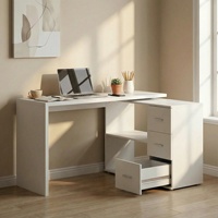 Bureau d'ordinateur moderne en bois blanc, bureau de forme L réversible avec étagères de rangement, mobilier de bureau à domicile