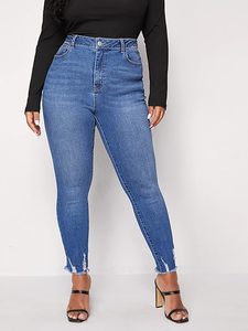 <span class=keywords><strong>Jeans</strong></span> attillati da donna taglie forti blu elasticizzati a vita alta con leggings a forma di mamma in Denim <span class=keywords><strong>Slim</strong></span> Fit con orlo sfilacciato per l'inverno - Product Image 6