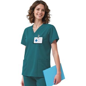 Women V Neck Scrub Top <b>4</b> Pocket Medical Workwear Premium Stretch Hospital Uniform Teal <b>Color</b> - Product Image 1