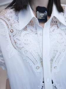 Chemisier blanc en coton brodé de sequins ajourés, design de marque de luxe, tendance pour femme, manches longues, coupe ample, décontracté, vente en gros - Product Image 5