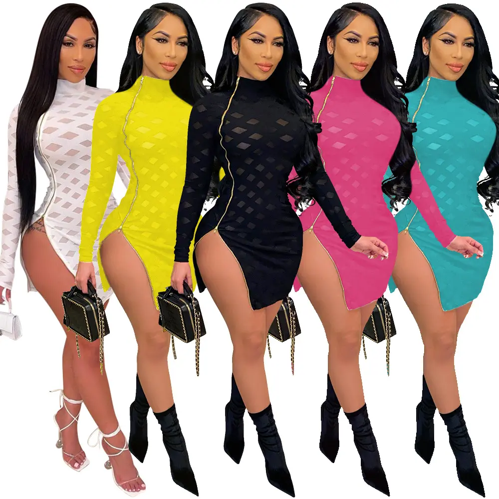 Women Turtleneck Dress Girls Casual Sexy Nightclub Hollow Out Mesh Sexy Dress Woman Club Dresses Elegant