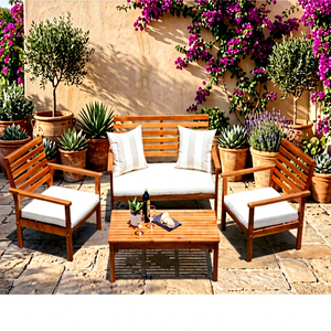 Ensemble de canapés de jardin en bois, style méditerranéen, mobilier d'extérieur avec coussins blancs, design durable pour usage en terrasse - Product Image 1