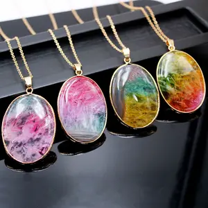 Picturesque Multi Color Fire Agate German Golden Edge Oval Shape Pendant Rainbow Gemstone Starry Sky Design Charm Jewelry Making