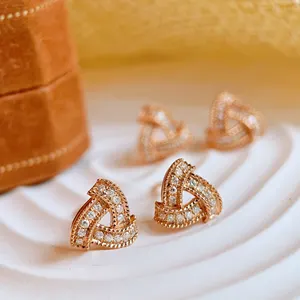Natural Diamond Knot Triangle Earrings Studs 18K Solid Rose Gold Fashion Bling Pushback Geometric Dainty Studs for Women